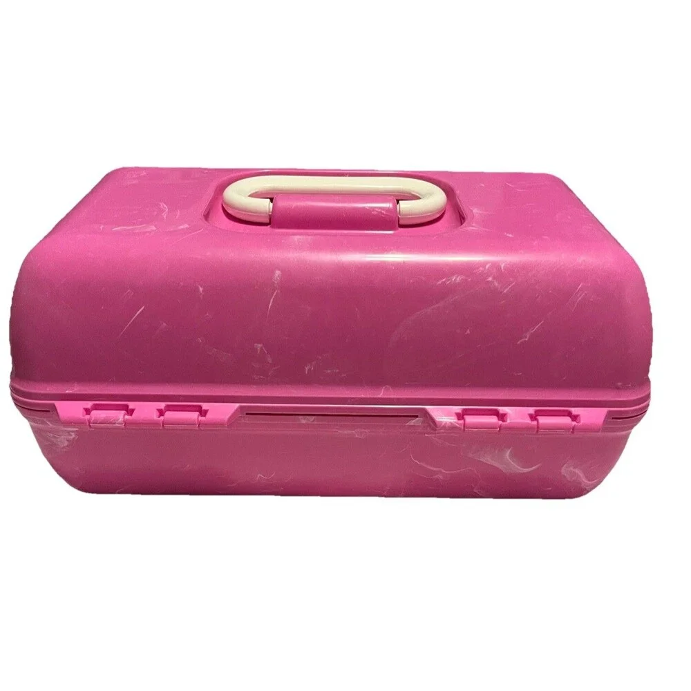 Vintage Caboodles Makeup Case Pink Marbled Train Travel Cosmetic Box Mirror USA